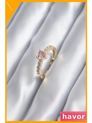 Havor Pembe Kristal Kalp Modeli Kadın Yüzük Zirkon Taşlı Ayarlanabilir
