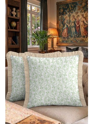 Hanna Home Dekoratif Kırlent Kılıfı Yeşil Yapraklı Saçaklı Kırlent Salon Koltuk Yastığı 43X43 cm