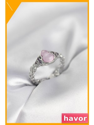 Havor Ayarlanabilir Pirinç Kadın Yüzük Pembe Damla Desenli