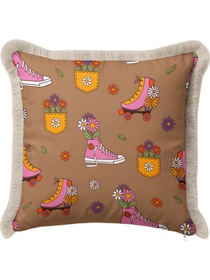 Hanna Home Dekoratif Kırlent Kılıfı Tropikal Çiçek Desenli Saçaklı Kırlent Kanepe Dekorasyonu 43X43 cm