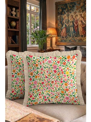 Hanna Home Dekoratif Yastık Kılıfı Çiçek Desenli Salon Koltuk Yastığı Saçaklı Kırlent Kılıfı 43X43 cm