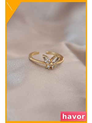 Havor Kelebek Model Ayarlanabilir Metal Yüzük Zirkon ve Kristal Taşlı Kadın Aksesuarı