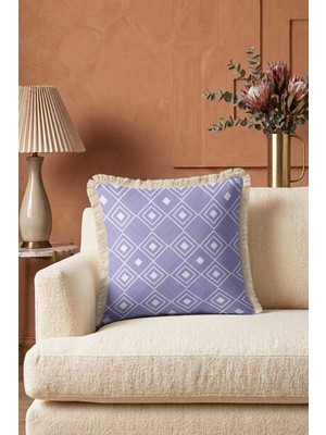 Hanna Home Lila Mor Geometrik Desenli Mor Saçaklı Kırlent Kılıfı Kırlent Kılıfı Salon Koltuk Yastığı 43X43 cm