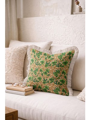 Hanna Home Dekoratif Yastık Kılıfı Klasik Desenli Altın Yeşil Ev Dekorasyonu Saçaklı Yastık Kılıfı 43X43 cm