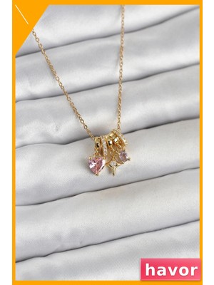 Havor Paslanmaz Çelik Zirkon Taşlı Kadın Kolye 45CM Gold Pembe