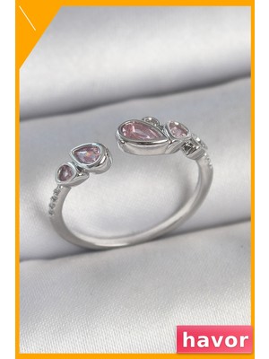 Havor Ayarlanabilir Pirinç Yüzük Pembe Zirkon Taşlı Kadın Aksesuarı