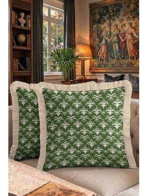 Hanna Home Dekoratif Yastık Kılıfı Yeşil Klasik Desen Ev Dekorasyonu Saçaklı Yastık Kılıfı 43X43 cm