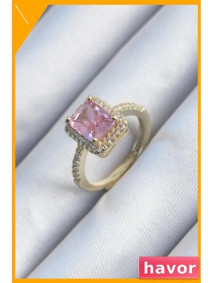 Havor Pembe Zirkon Taşlı Kadın Yüzük Pirinç Malzeme