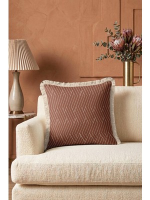 Hanna Home Dekoratif Yastık Kılıfı Geometrik Desenli Kahverengi Kanepe Dekorasyonu Saçaklı Yastık Kılıfı 43X43 cm