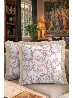 Hanna Home Dekoratif Kırlent Kılıfı Pembe Zarif Desenli Kanepe Dekorasyonu Saçaklı Kırlent Kılıfı 43X43 cm