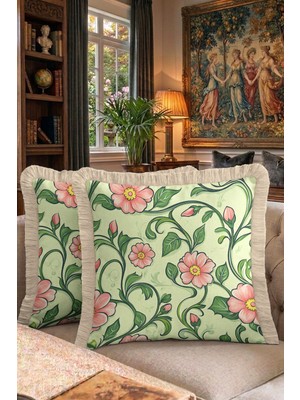 Hanna Home Dekoratif Kırlent Kılıfı Tropikal Çiçek Desenli Salon Koltuk Yastığı Saçaklı Saçaklı Kırlent 43X43 cm