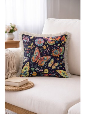 Hanna Home Dekoratif Kırlent Kılıfı Kırlent Kılıfı Çiçekli Ev Dekorasyonu Saçaklı Kırlent Kılıfı 43X43 cm