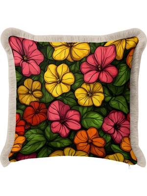Hanna Home Saçaklı Kırlent Kılıfı Tropikal Çiçek Desenli Yastık Kılıfı Salon Koltuk Yastığı 43X43 cm