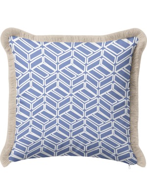 Hanna Home Dekoratif Kırlent Kılıfı Mavi Geometrik Desenli Yatak Odası Dekoru Saçaklı Yastık Kılıfı 43X43 cm