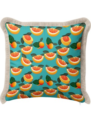 Hanna Home Dekoratif Yastık Kılıfı Turkuaz Zeminli Meyve Desenli Yatak Odası Dekoru Saçaklı Kırlent Kılıfı 43X43 cm