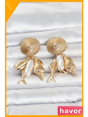Havor Deniz Temalı Vintage Pirinç Kadın Küpe Gold Renk