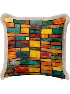 Hanna Home Saçaklı Kırlent Kılıfı Mozaik Desenli Renkli Dekoratif Yastık Kılıfı Kanepe Dekorasyonu 43X43 cm