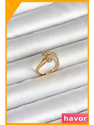 Havor Kalp Model Zirkon Taşlı Ayarlanabilir 316L Çelik Yüzük Gold