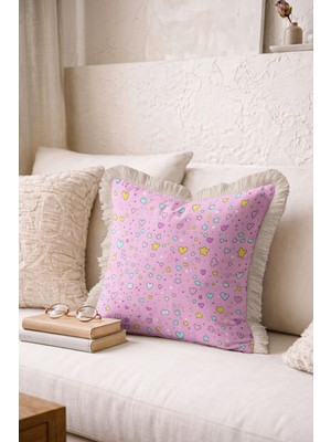 Hanna Home Saçaklı Kırlent Kılıfı Pastel Pembe Çiçek Desenli Kırlent Kılıfı Kanepe Dekorasyonu 43X43 cm