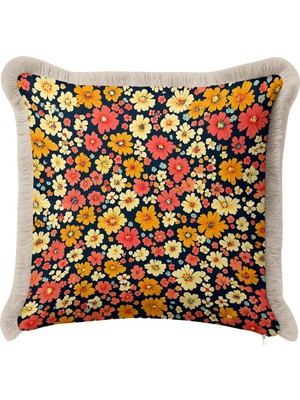 Hanna Home Dekoratif Kırlent Kılıfı Çiçek Desenli Saçaklı Kırlent Ev Dekorasyonu 43X43 cm Dijital Baskılı