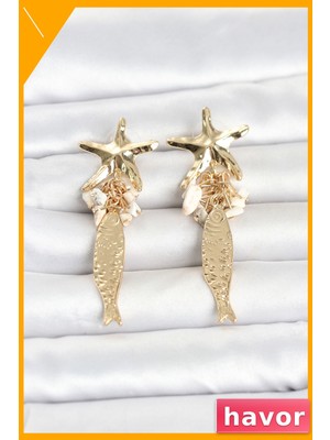 Havor Krem Taşlı Gold Renk Deniz Yıldızı ve Balık Detaylı Kadın Küpe