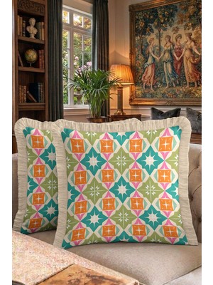 Hanna Home Saçaklı Kırlent Kılıfı Geometrik Kırlent Kılıfı Salon Koltuk Yastığı 43X43 cm Dijital Baskılı