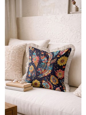 Hanna Home Dekoratif Kırlent Kılıfı Dekoratif Çiçekli Saçaklı Kırlent Oturma Odası Kırlenti 43X43 cm