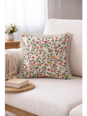 Hanna Home Saçaklı Yastık Kılıfı Botanik Floral Desenli Dekoratif Kırlent Kılıfı Kanepe Dekorasyonu 43X43 cm