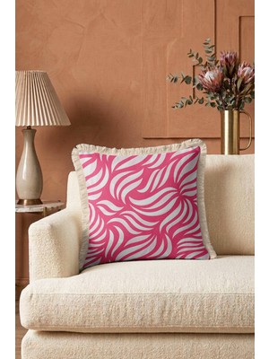 Hanna Home Dekoratif Yastık Kılıfı Pastel Pembe Pembe Dalgalı Desenli Oturma Odası Kırlenti Saçaklı Kırlent Kılıfı 43X43 cm