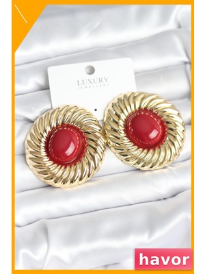 Havor Vintage Bordo Boncuklu Pirinç Kadın Küpeleri