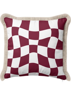 Hanna Home Saçaklı Yastık Kılıfı Krem Beyaz Kare Desenli Bordo Beyaz Dekoratif Kırlent Kılıfı Ev Dekorasyonu 43X43 cm