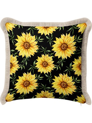 Hanna Home Saçaklı Kırlent Kılıfı Kırlent Kılıfı Ayçiçekli Siyah Zemin Yastık Kılıfı Kanepe Dekorasyonu 43X43 cm