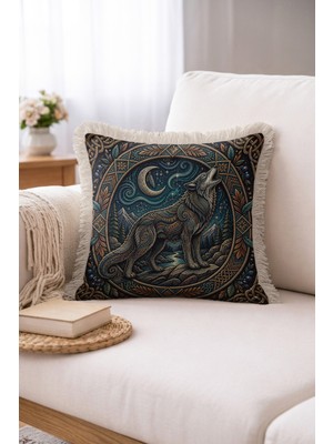 Hanna Home Dekoratif Kırlent Kılıfı Gece Kurt Desenli Oturma Odası Kırlenti Saçaklı Kırlent Kılıfı 43X43 cm