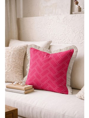 Hanna Home Pastel Pembe Geometrik Desenli Pembe Dekoratif Kırlent Kılıfı Saçaklı Kırlent Salon Koltuk Yastığı 43X43 cm
