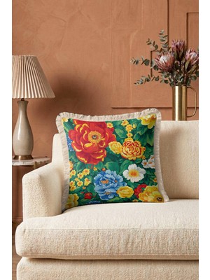 Hanna Home Saçaklı Yastık Kılıfı Çiçek Desenli Kırlent Kılıfı Ev Dekorasyonu 43X43 cm Premium Kalite