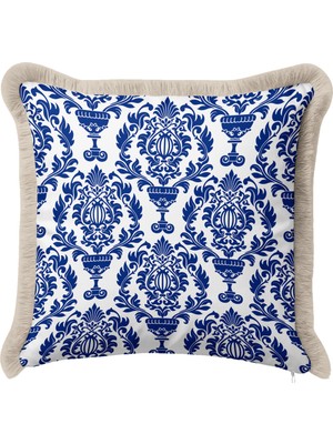 Hanna Home Kırlent Kılıfı Mavi Beyaz Klasik Dekoratif Kırlent Kılıfı Saçaklı Kırlent Koltuk Takımı Aksesuarı 43X43 cm