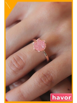 Havor Pembe Lotus Desenli Altın Kaplama Kadın Yüzüğü
