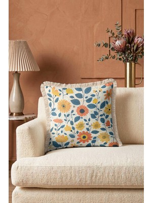 Hanna Home Saçaklı Kırlent Kılıfı Botanik Floral Desenli Dekoratif Kırlent Kılıfı Kanepe Dekorasyonu 43X43 cm