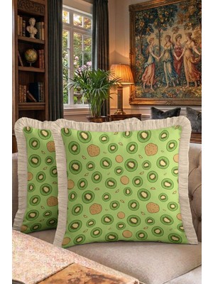 Hanna Home Saçaklı Kırlent Kılıfı Yeşil Kivi Desenli Kırlent Kılıfı Ev Dekorasyonu 43X43 cm