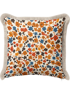Hanna Home Saçaklı Kırlent Kılıfı Botanik Floral Desenli Salon Koltuk Yastığı Saçaklı Saçaklı Kırlent 43X43 cm