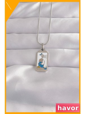 Havor Paslanmaz Çelik Tarot Kolye Kız Figürlü Beyaz Mineli