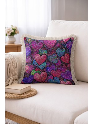 Hanna Home Saçaklı Saçaklı Kırlent Kırlent Kılıfı Renkli Kalp Desenli Dekoratif Yastık Kılıfı Yatak Odası Dekoru 43X43 cm