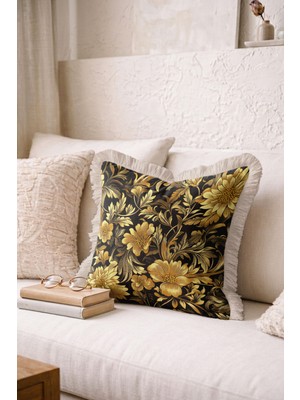 Hanna Home Saçaklı Kırlent Kılıfı Tropikal Çiçek Desenli Dekoratif Yastık Kılıfı Ev Dekorasyonu 43X43 cm