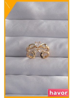 Havor Ayarlanabilir Pirinç Yüzük Çifti Zirkon Taşlı Fiyonk Desen