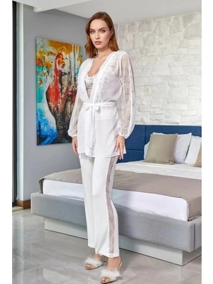 Fantastik Store Aqua 24584 Dantel Detay Sabahlıklı 3'lü Pijama Takımı
