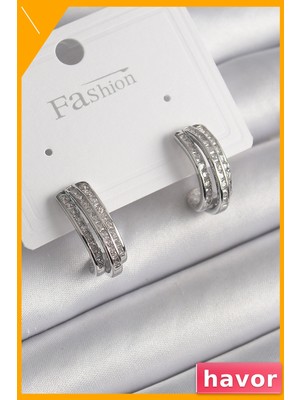 Havor Zirkon Taşlı Pirinç Kadın Küpe Yarım Halka Tasarım