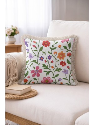 Hanna Home Dekoratif Kırlent Kılıfı Çiçek Desenli Kanepe Dekorasyonu Saçaklı Kırlent Kılıfı 43X43 cm