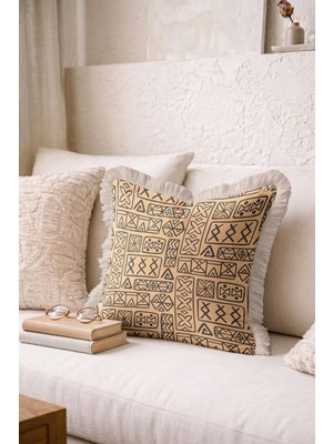Hanna Home Dekoratif Kırlent Kılıfı Naturel Bej Etnik Desenli Bej Yastık Kılıfı Koltuk Takımı Aksesuarı 43X43 cm