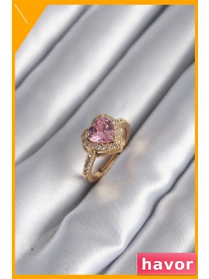 Havor Pembe Zirkon Taşlı Kalp Desenli Kadın Yüzüğü