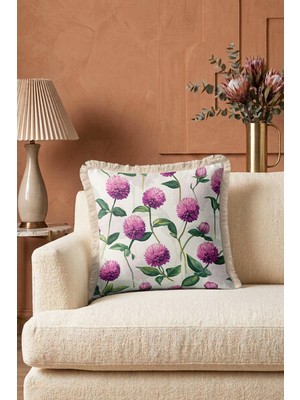 Hanna Home Saçaklı Kırlent Kılıfı Kırlent Kılıfı Pembe Çiçekli Kırlent Kılıfı Kanepe Dekorasyonu 43X43 cm